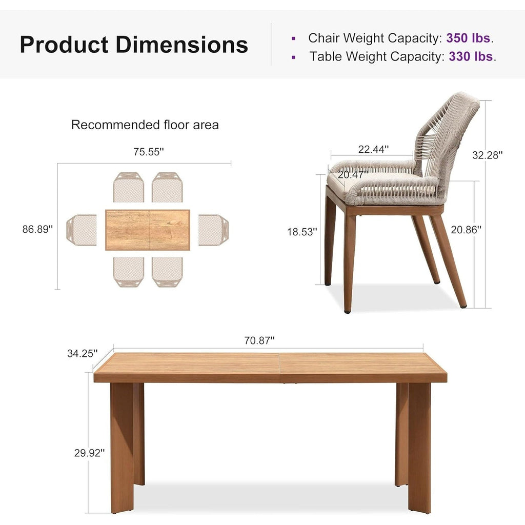 Ensemble de salle à manger PURPLE LEAF, table rectangulaire en métal et chaises en rotin et osier pour porche extérieur, ensembles de meubles d'extérieur modernes