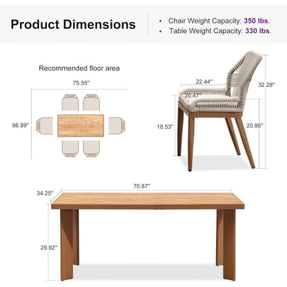 Ensemble de salle à manger PURPLE LEAF, table rectangulaire en métal et chaises en rotin et osier pour porche extérieur, ensembles de meubles d'extérieur modernes