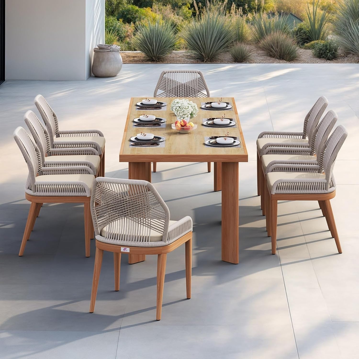 Ensemble de salle à manger PURPLE LEAF, table rectangulaire en métal et chaises en rotin et osier pour porche extérieur, ensembles de meubles d'extérieur modernes