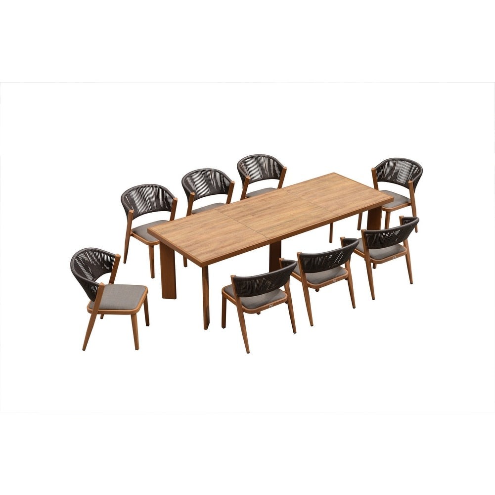 Ensemble de salle à manger d'extérieur PURPLE LEAF, mobilier de jardin en teck et aluminium, table à manger et chaises en osier