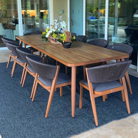 Ensemble de salle à manger d'extérieur PURPLE LEAF, mobilier de jardin en teck et aluminium, table à manger et chaises en osier