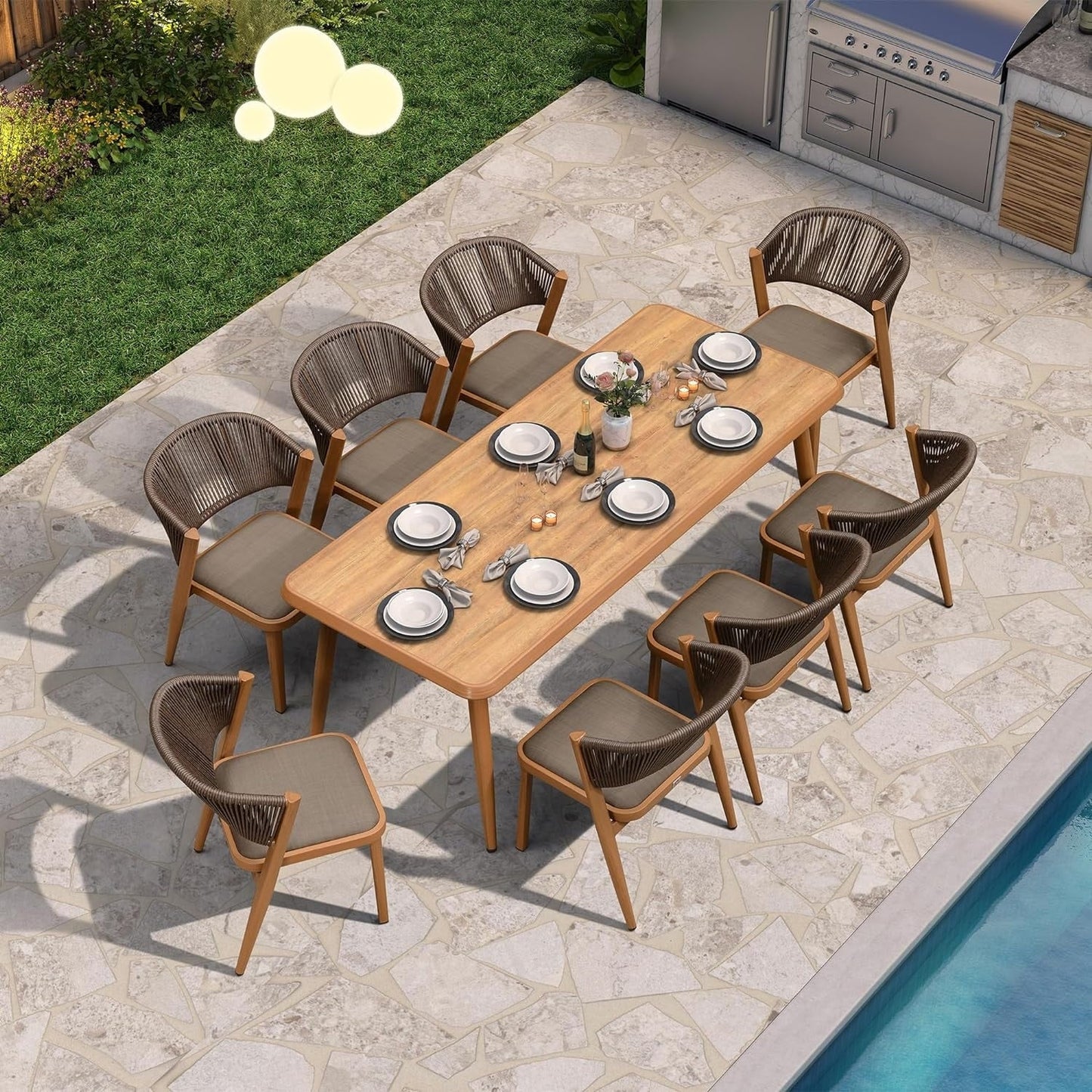 Ensemble de salle à manger d'extérieur PURPLE LEAF, mobilier de jardin en teck et aluminium, table à manger et chaises en osier