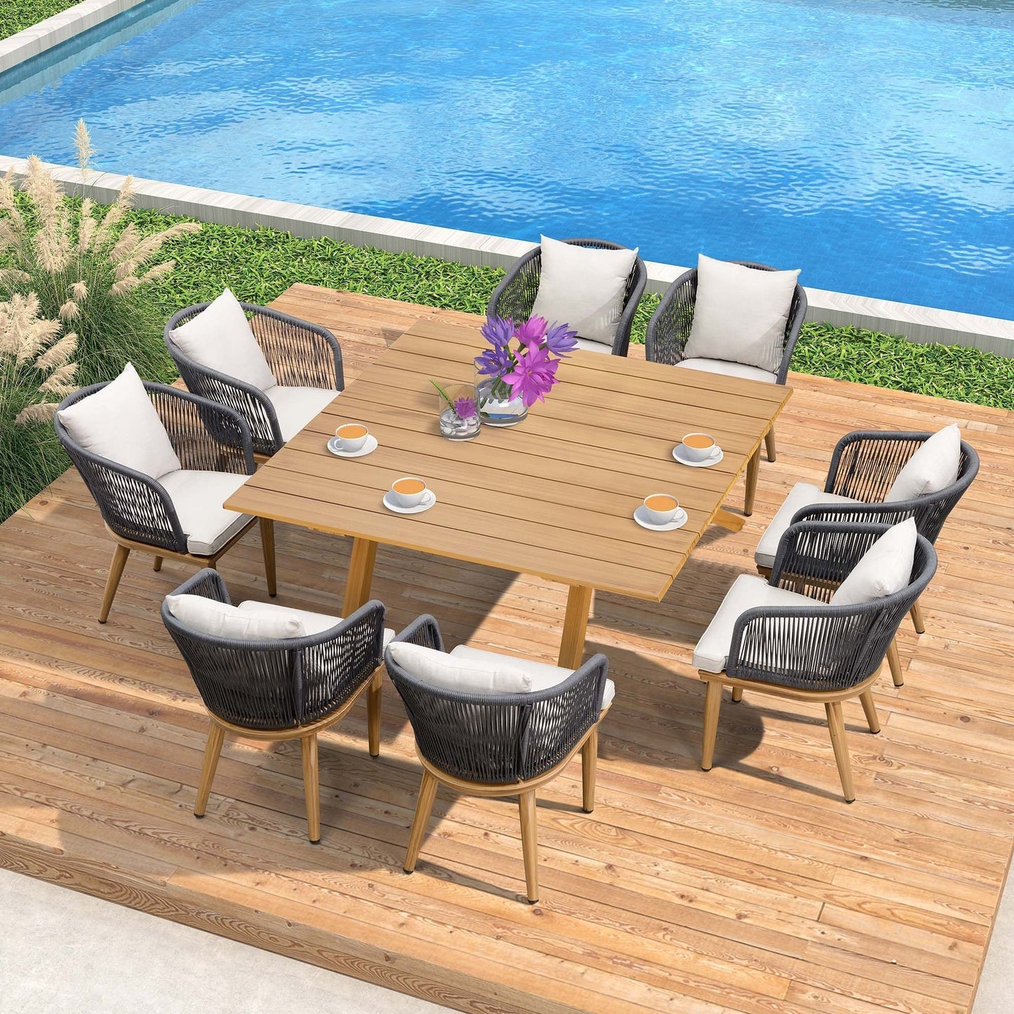 Ensemble de salle à manger d'extérieur PURPLE LEAF pour terrasse de jardin, table et chaises en osier - 11 pièces