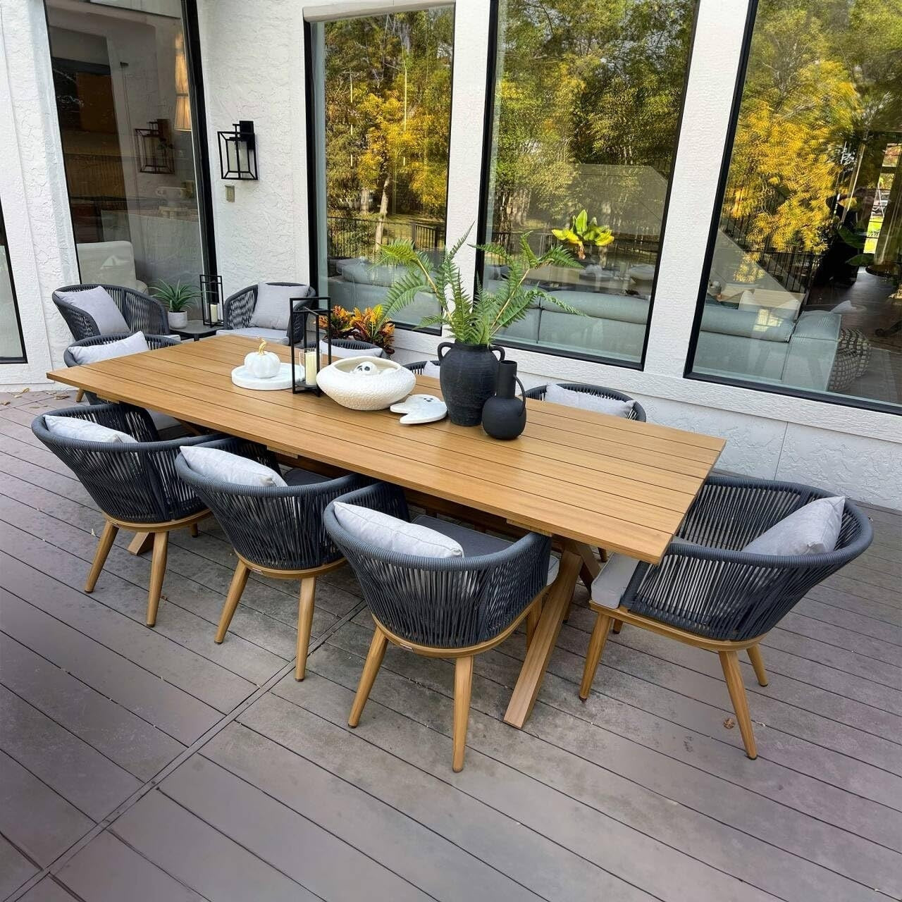 Ensemble de salle à manger d'extérieur PURPLE LEAF pour terrasse de jardin, table et chaises en osier - 11 pièces