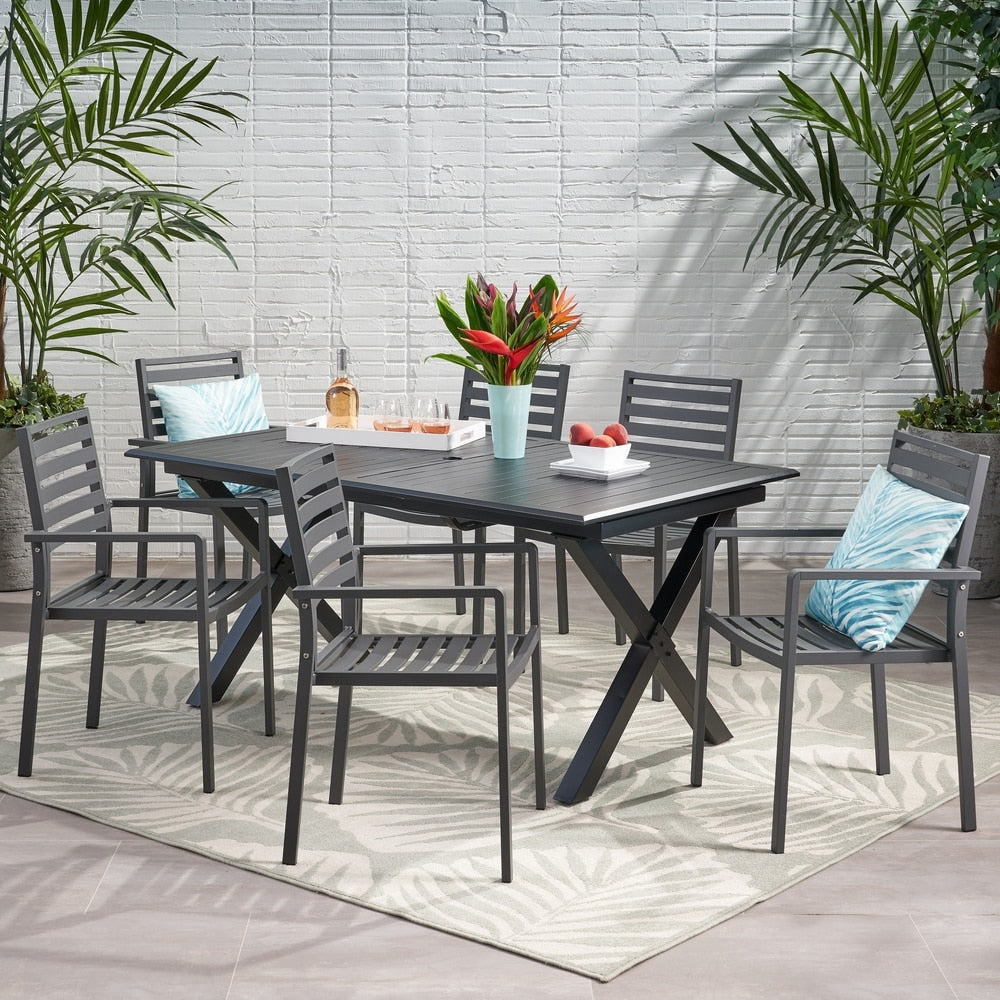 Ensemble de salle à manger d'extérieur Pabara moderne en aluminium 6 places avec table extensible par Christopher Knight Home