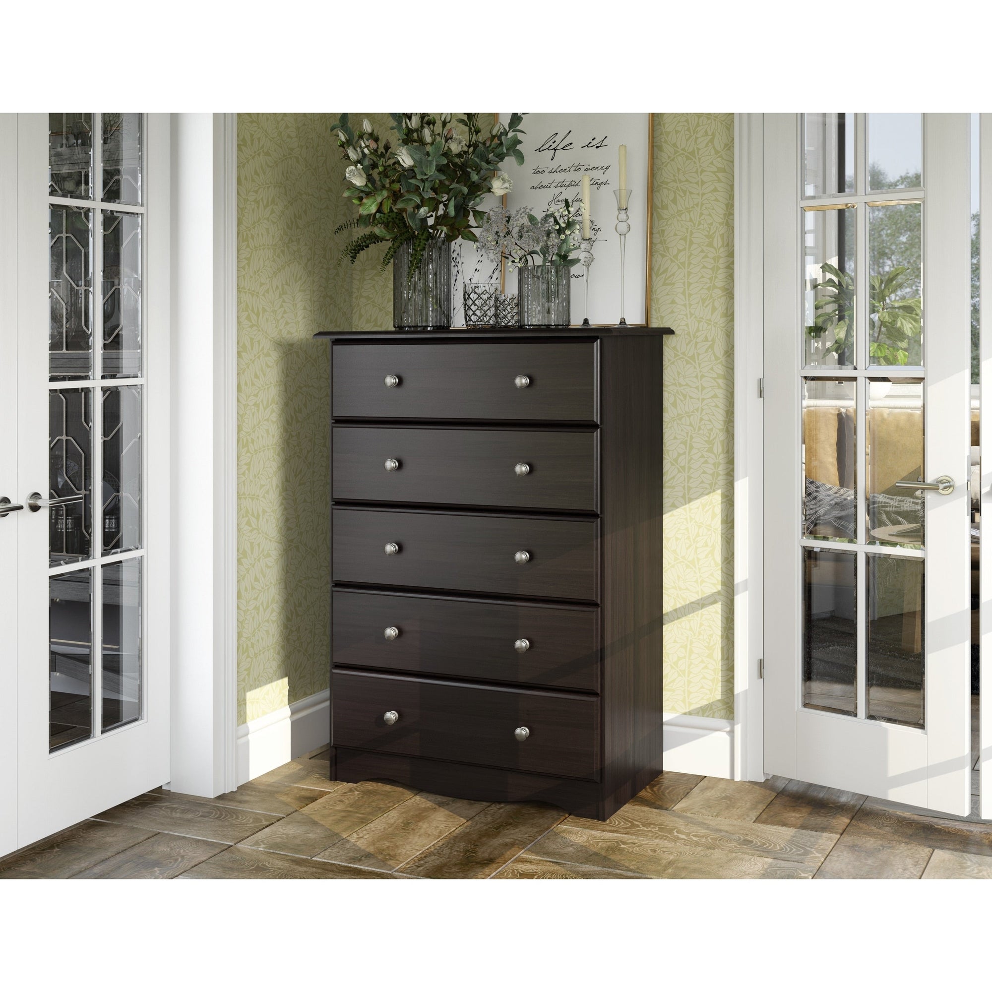 Commode 5 tiroirs 100 % bois massif avec boutons en métal ou en bois de Palace Imports