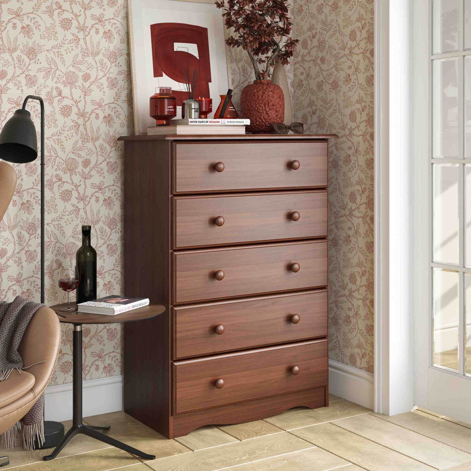 Commode 5 tiroirs 100 % bois massif avec boutons en métal ou en bois de Palace Imports
