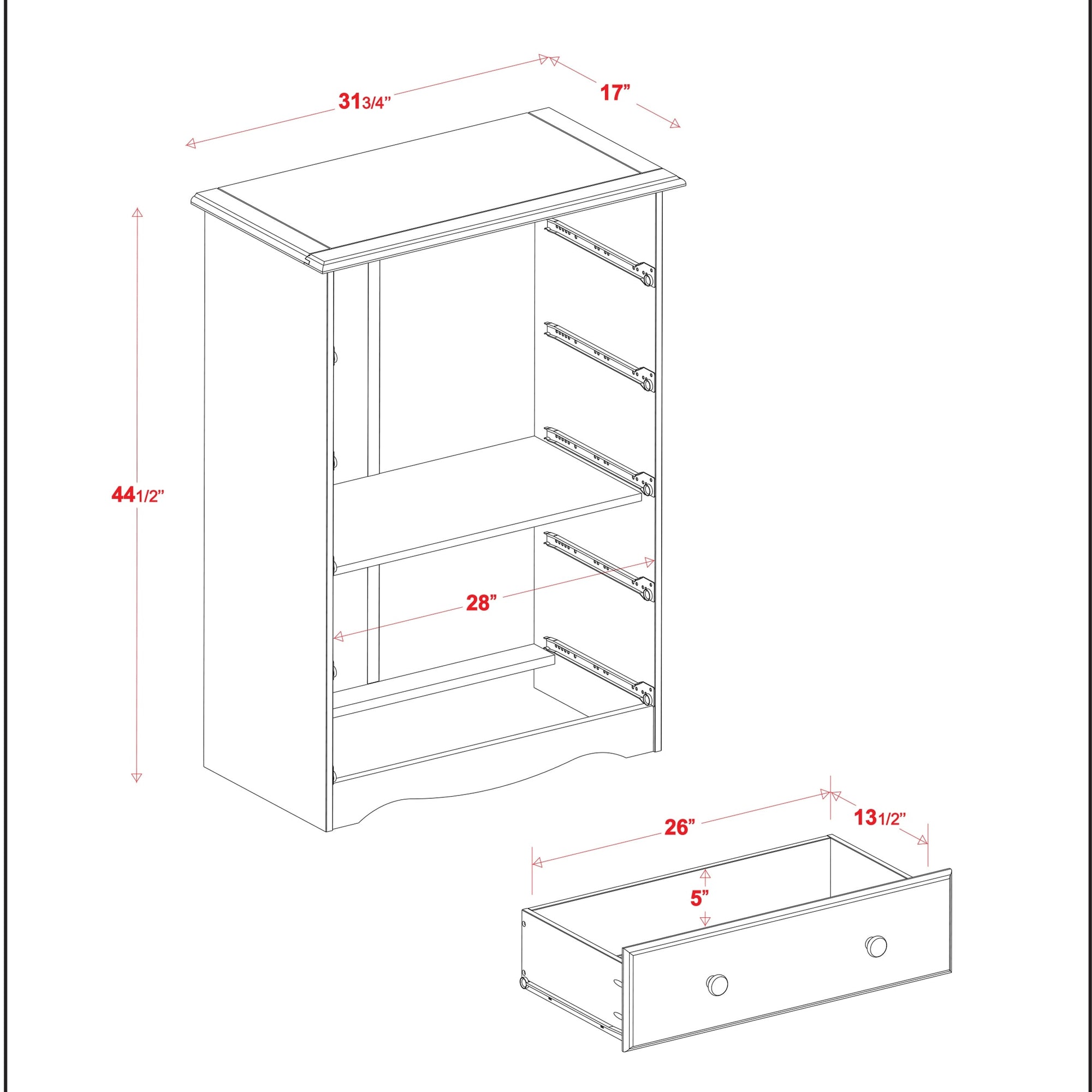 Commode 5 tiroirs 100 % bois massif avec boutons en métal ou en bois de Palace Imports