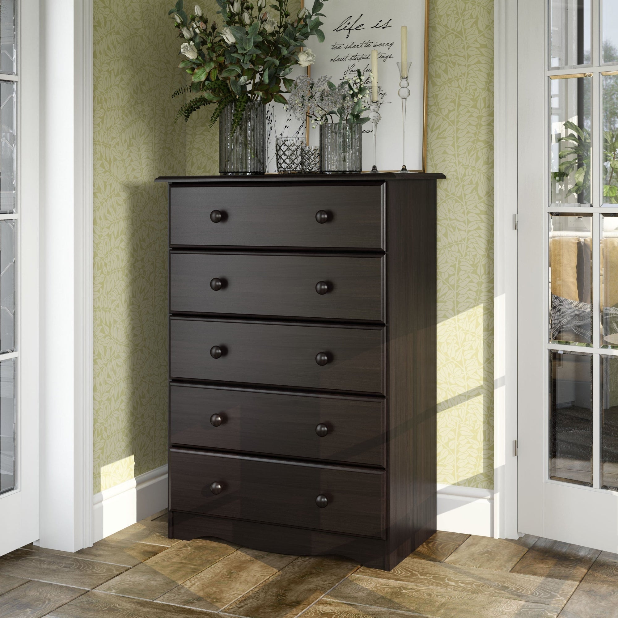 Commode 5 tiroirs 100 % bois massif avec boutons en métal ou en bois de Palace Imports
