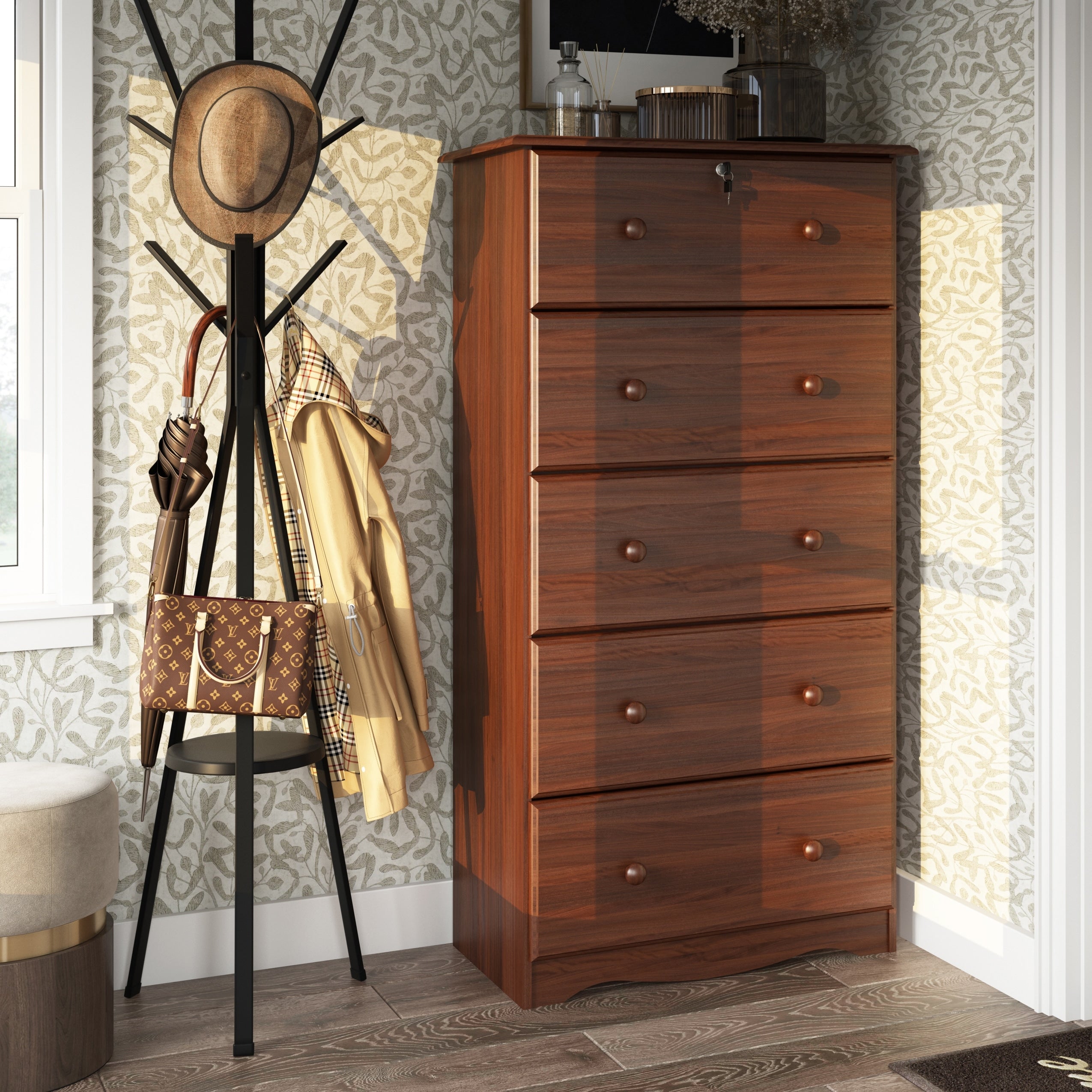 Commode 5 tiroirs géants 100 % bois massif de Palace Imports avec serrure, boutons en métal ou en bois