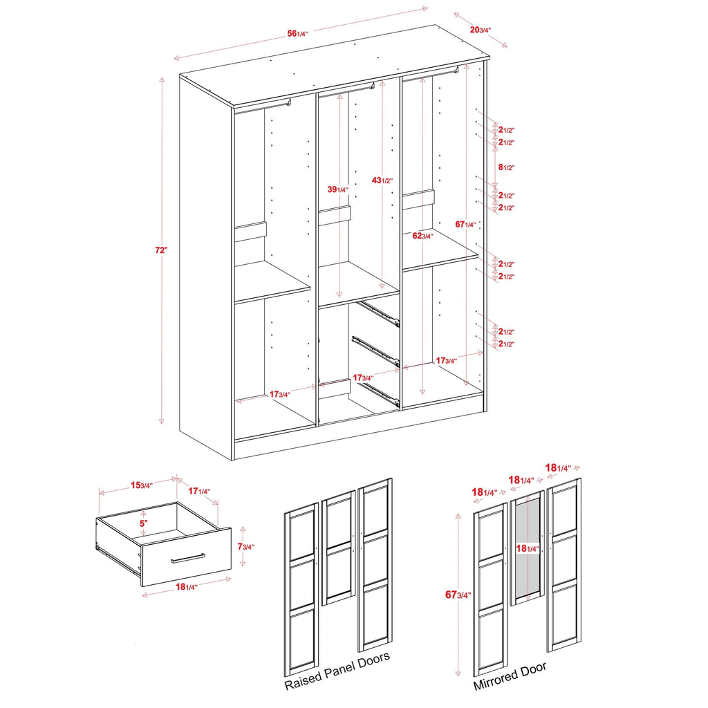 Armoire penderie Cosmo 3 portes 100 % bois massif de Palace Imports avec portes en bois massif ou en miroir