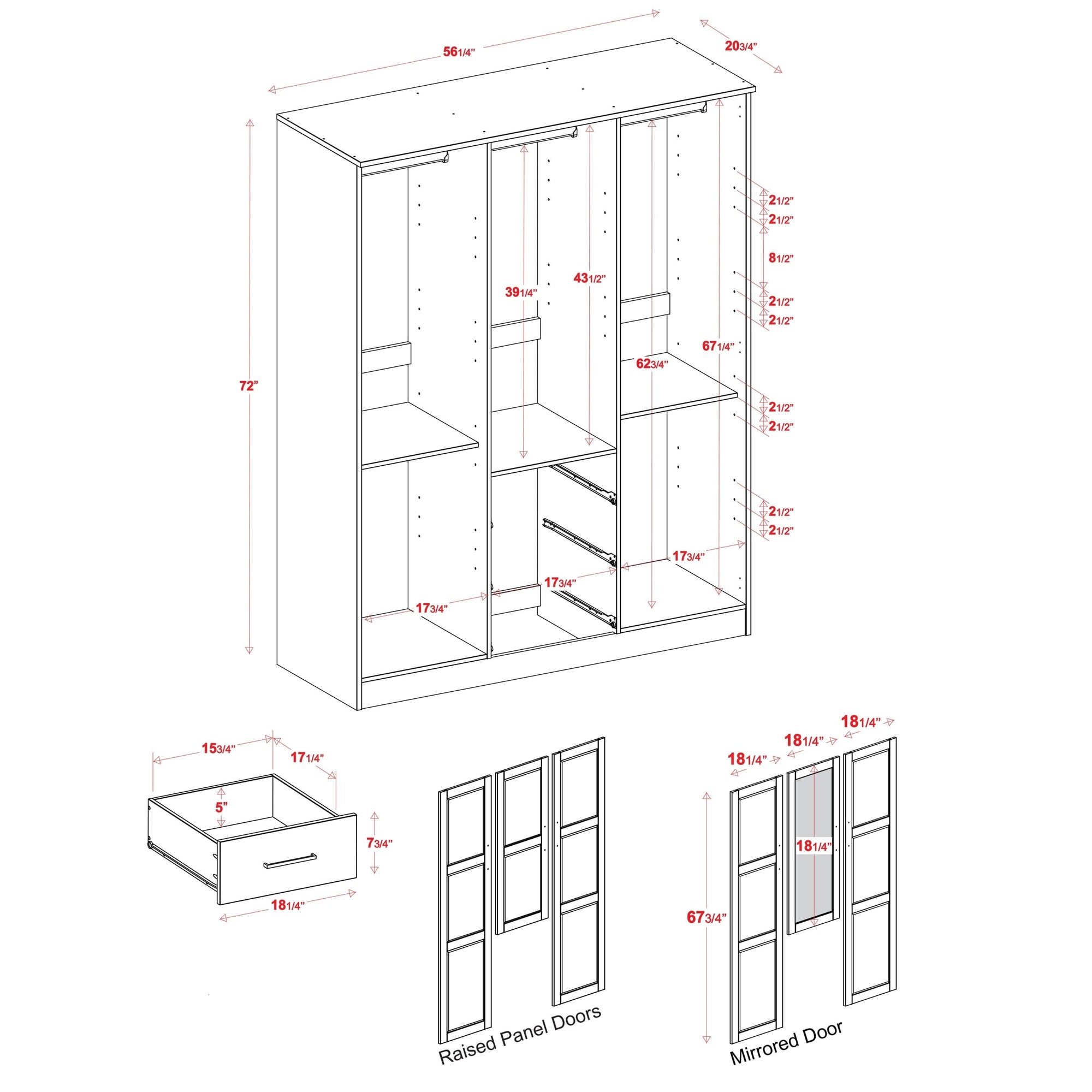 Armoire penderie Cosmo 3 portes 100 % bois massif de Palace Imports avec portes en bois massif ou en miroir