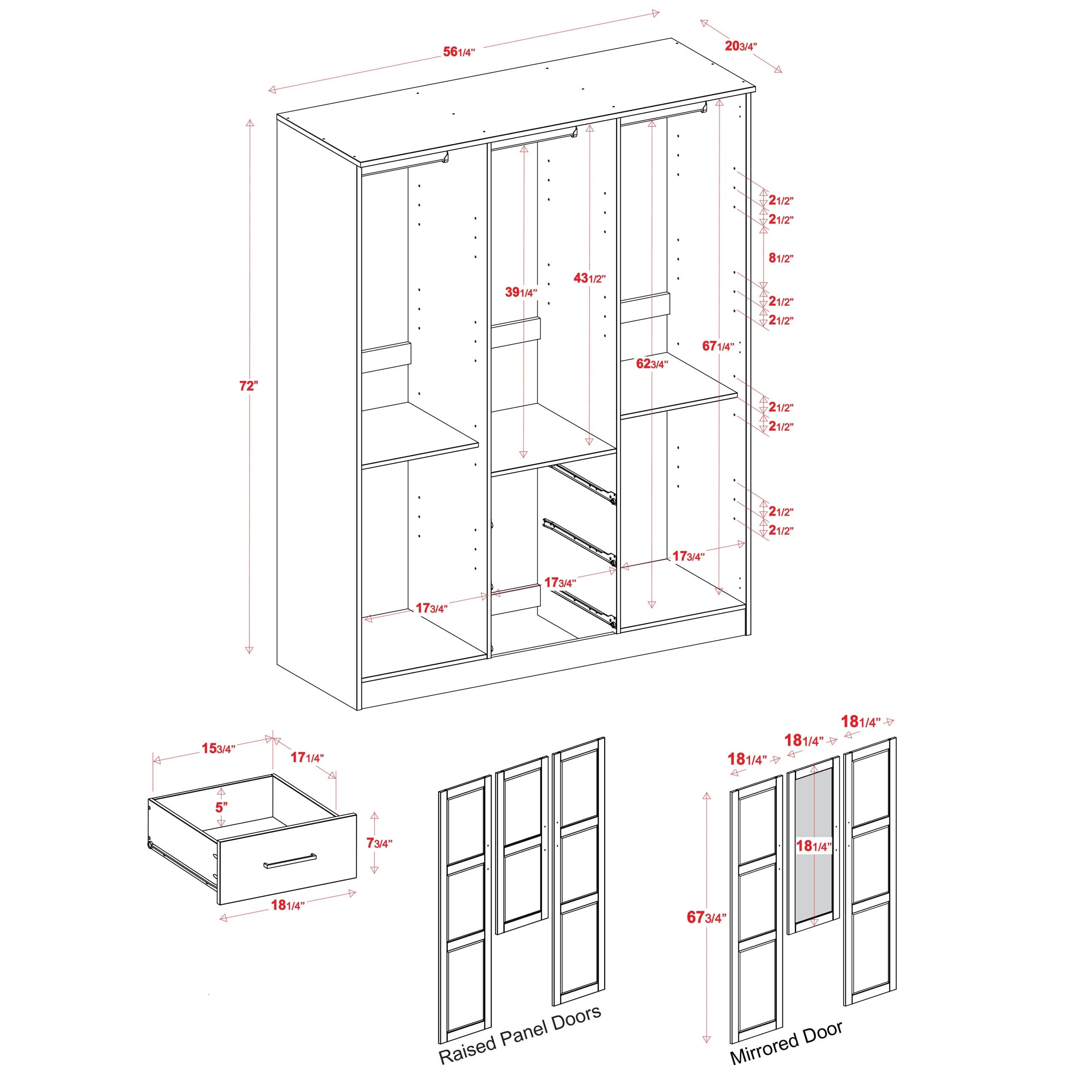 Armoire penderie Cosmo 3 portes 100 % bois massif de Palace Imports avec portes en bois massif ou en miroir