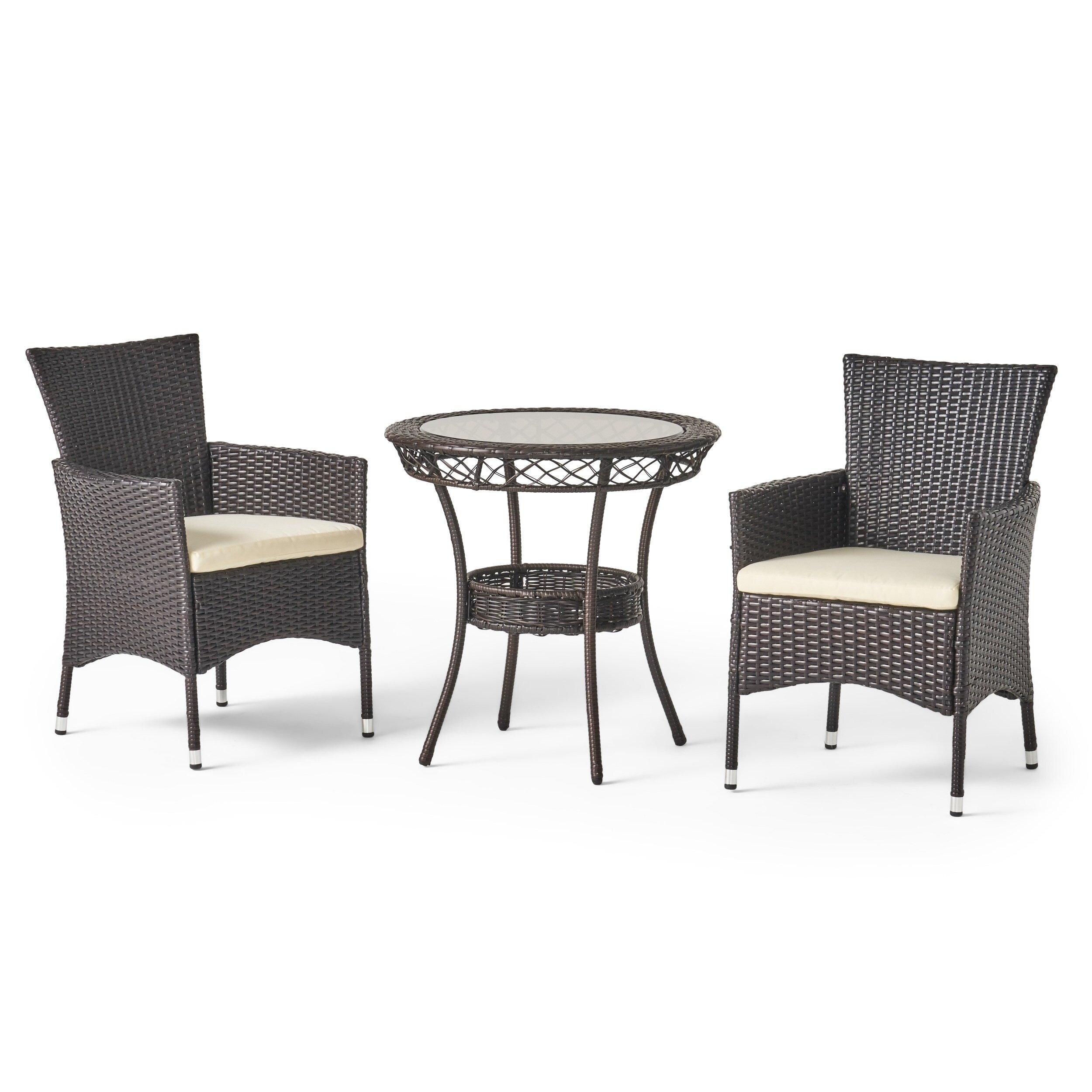 Ensemble bistrot d'extérieur Parker 3 pièces en osier avec coussins par Christopher Knight Home