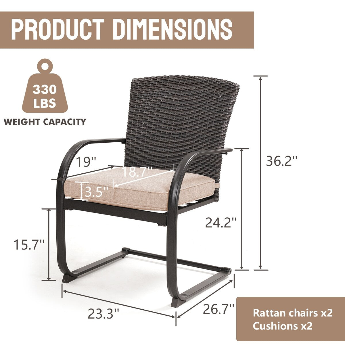 Ensemble de 2 chaises de salle à manger d'extérieur en osier, mobilier de jardin toutes saisons avec coussins pour jardin, piscine, arrière-cour, pelouse