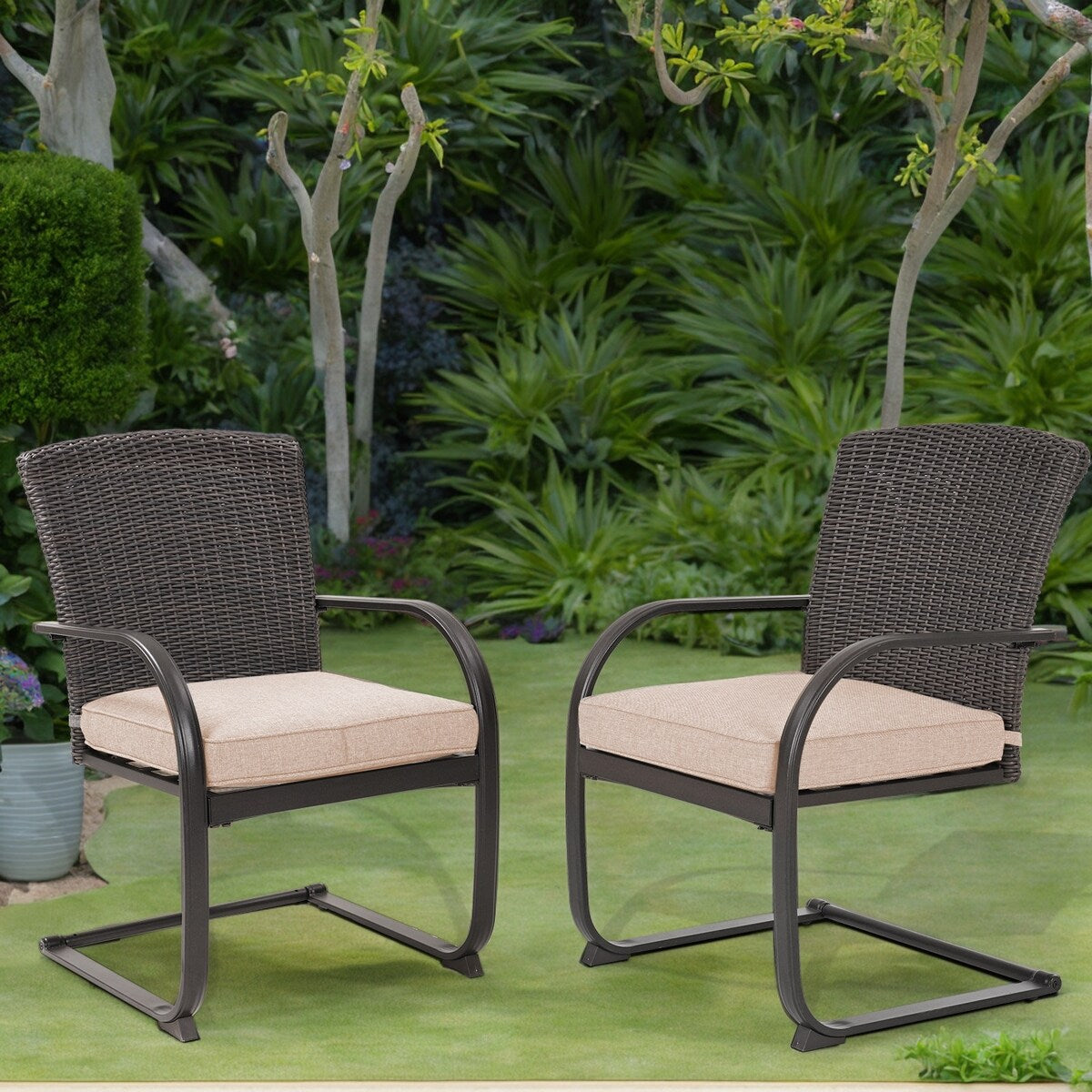 Ensemble de 2 chaises de salle à manger d'extérieur en osier, mobilier de jardin toutes saisons avec coussins pour jardin, piscine, arrière-cour, pelouse