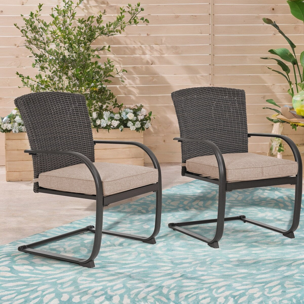 Ensemble de 2 chaises de salle à manger d'extérieur en osier, mobilier de jardin toutes saisons avec coussins pour jardin, piscine, arrière-cour, pelouse