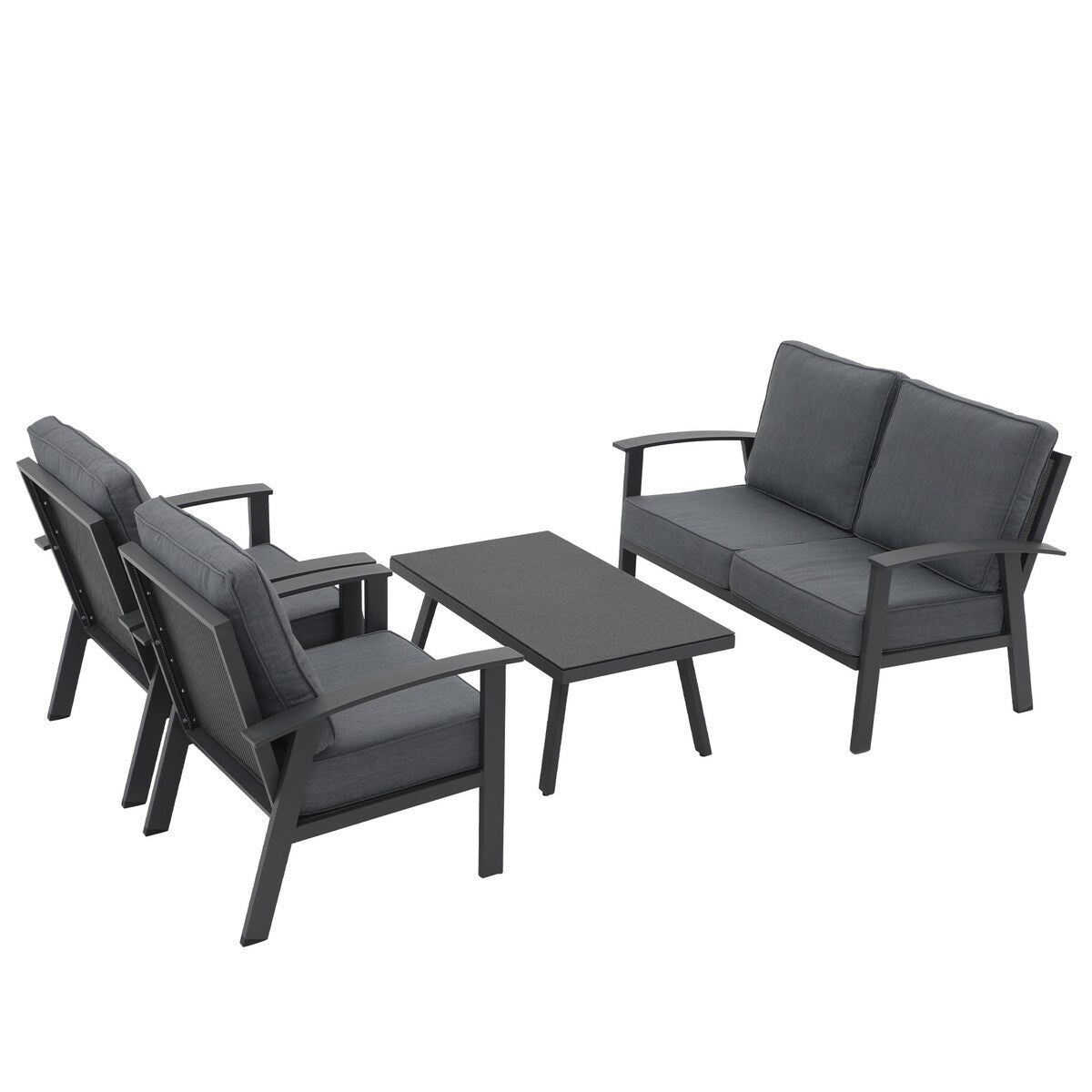 Ensemble de conversation 4 pièces en aluminium avec coussins et table texturée en marbre