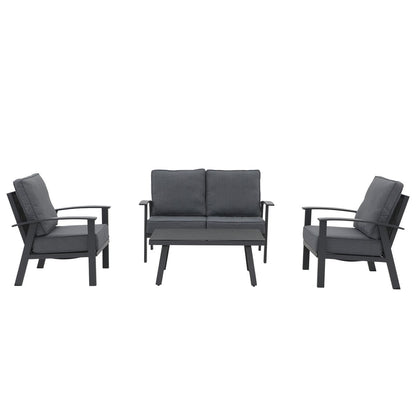 Ensemble de conversation 4 pièces en aluminium avec coussins et table texturée en marbre