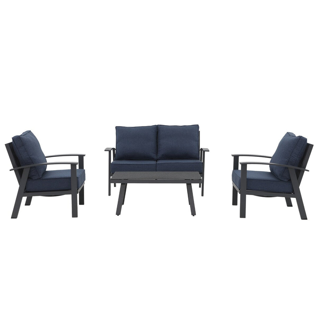 Ensemble de conversation 4 pièces en aluminium avec coussins et table texturée en marbre