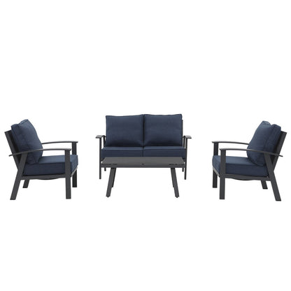 Ensemble de conversation 4 pièces en aluminium avec coussins et table texturée en marbre