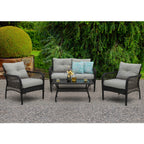 Ensemble de salon de jardin 4 pièces en osier avec table et coussins, marron