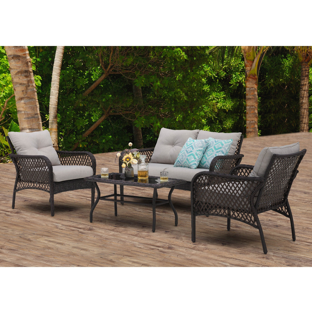 Ensemble de salon de jardin 4 pièces en osier avec table et coussins, marron