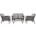 Ensemble de salon de jardin 4 pièces en osier avec table et coussins, marron