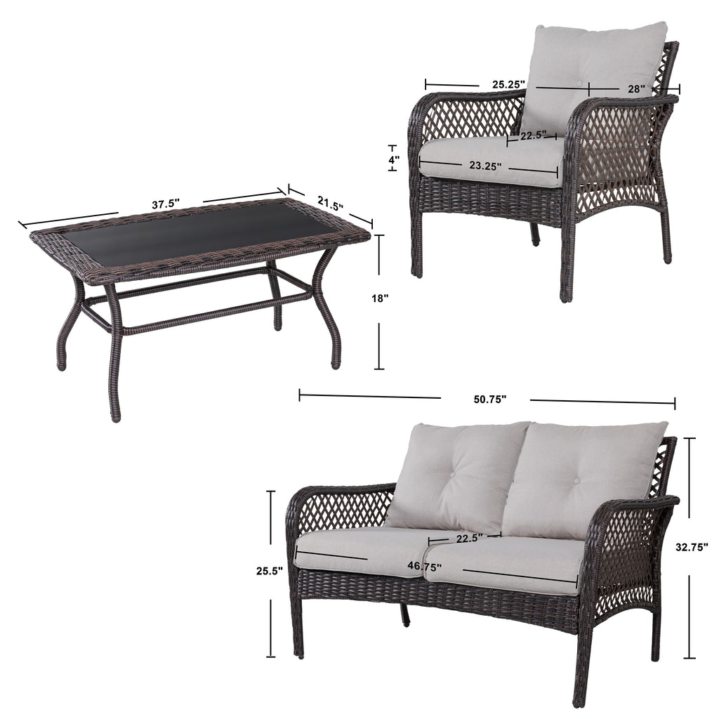 Ensemble de salon de jardin 4 pièces en osier avec table et coussins, marron
