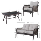 Ensemble de salon de jardin 4 pièces en osier avec table et coussins, marron