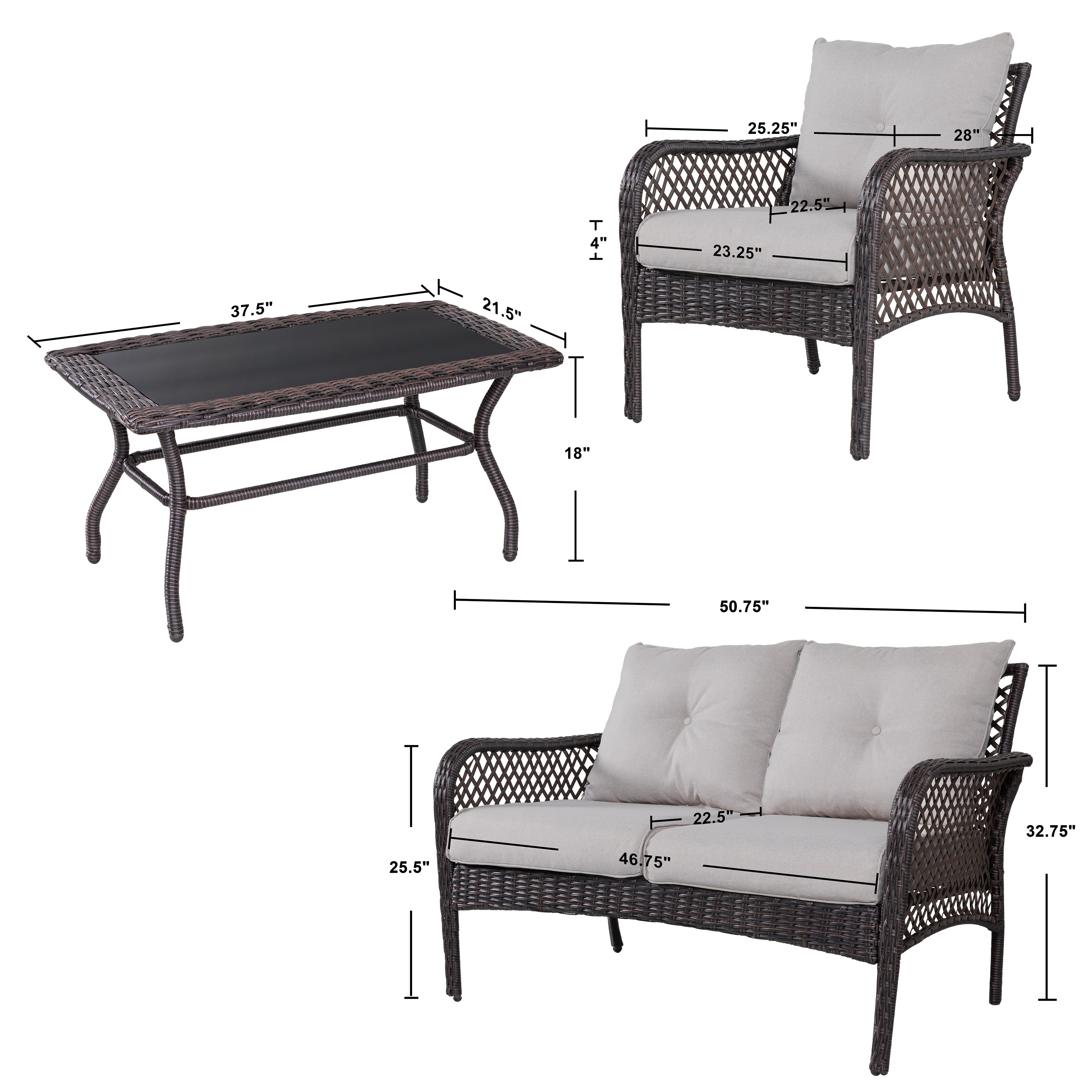 Ensemble de salon de jardin 4 pièces en osier avec table et coussins, marron