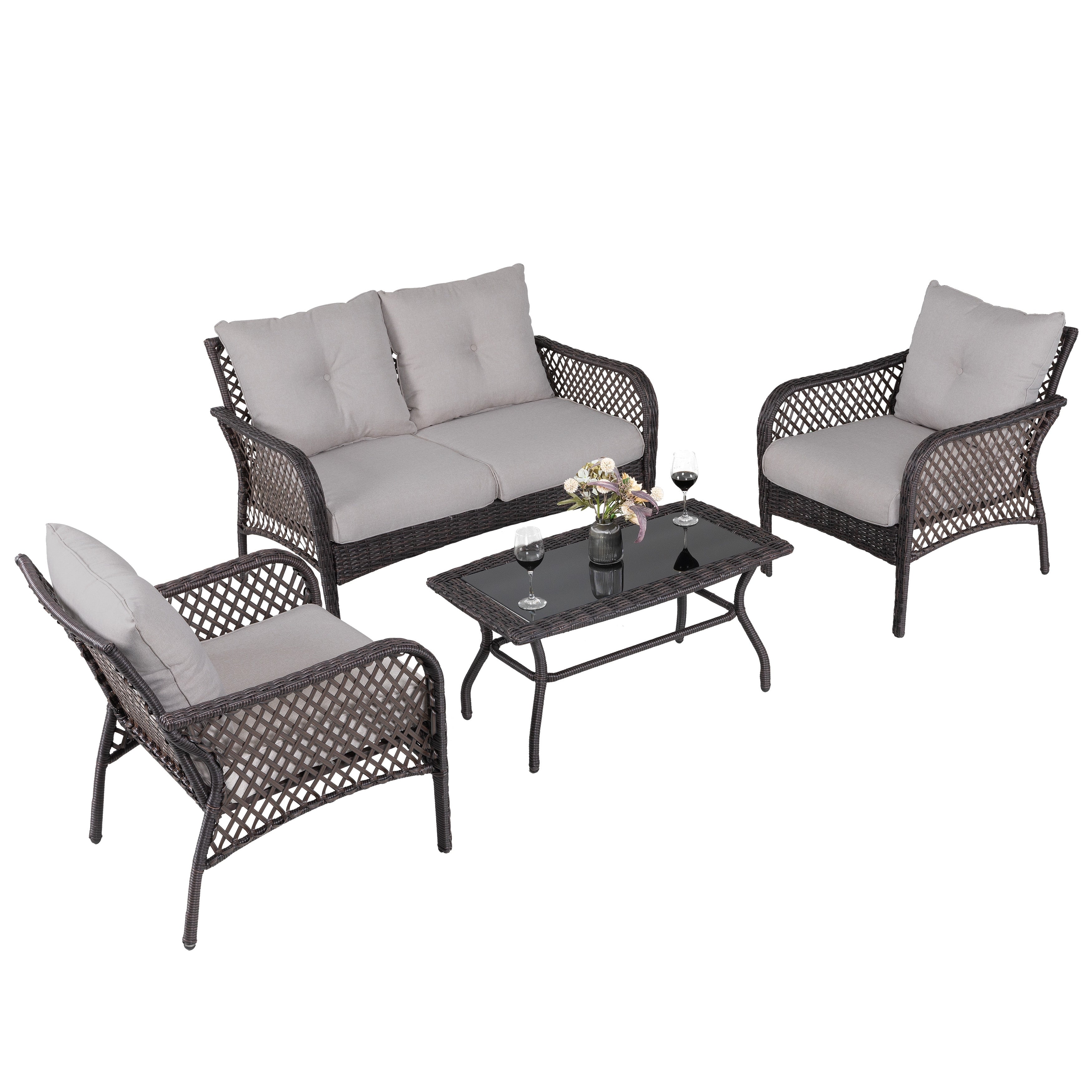Ensemble de salon de jardin 4 pièces en osier avec table et coussins, marron