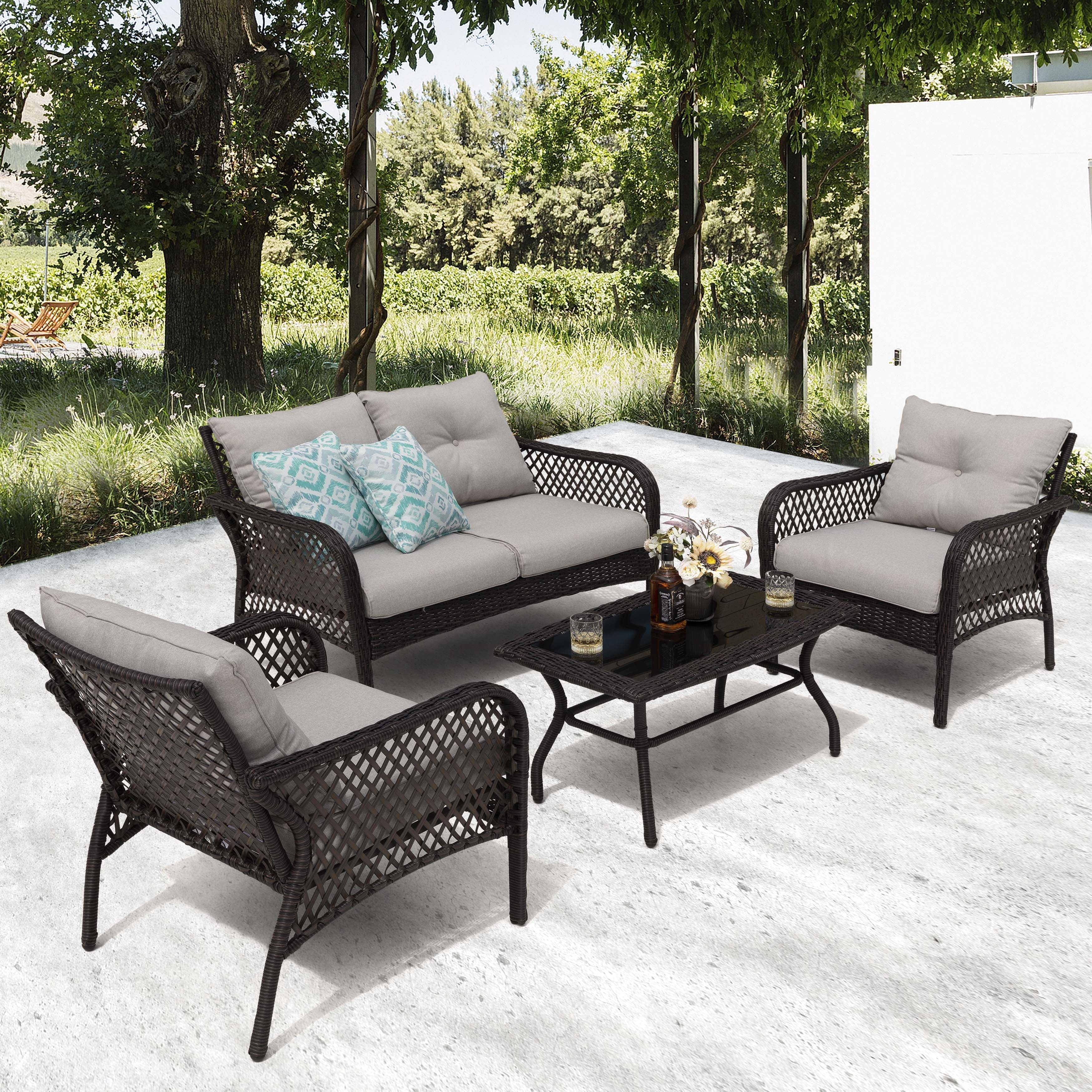Ensemble de salon de jardin 4 pièces en osier avec table et coussins, marron