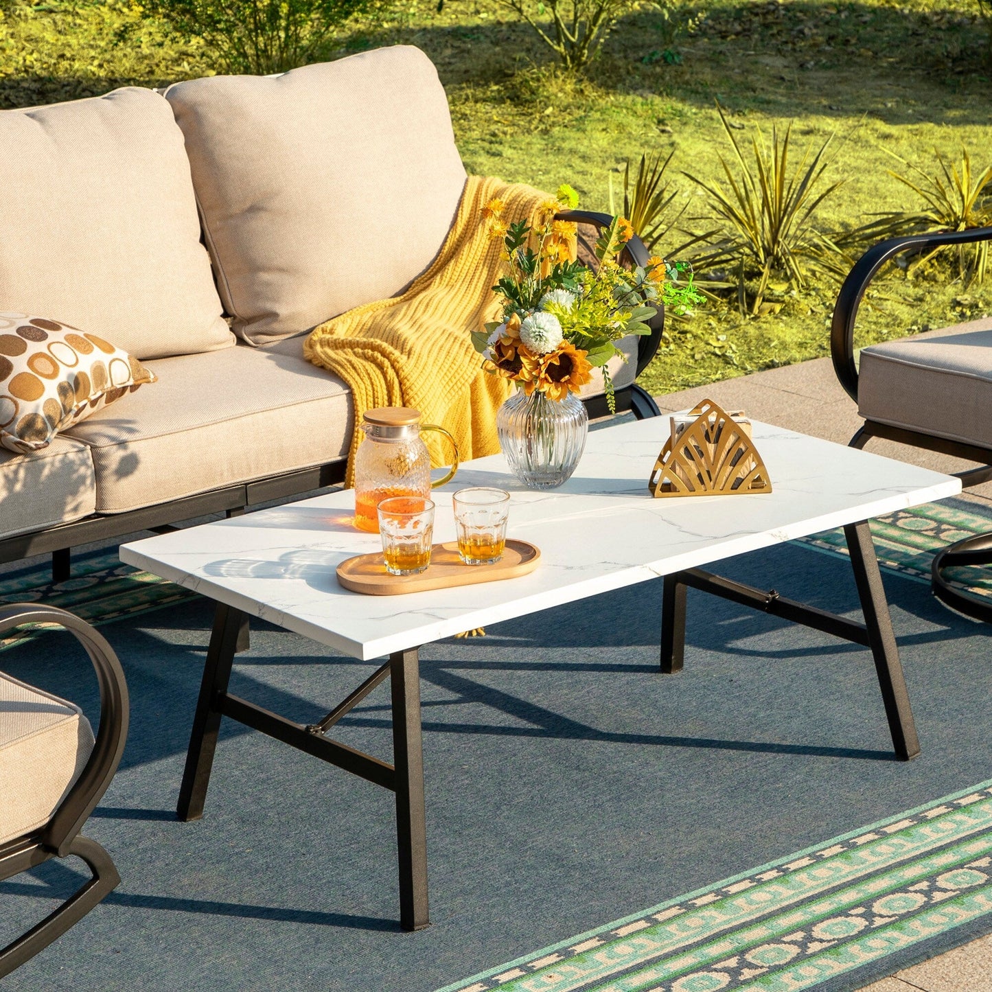 Ensemble de salon de jardin MAISON ARTS 5/7/9 places, canapé d'extérieur avec fauteuils simples, canapé 3 places, pouf et table basse