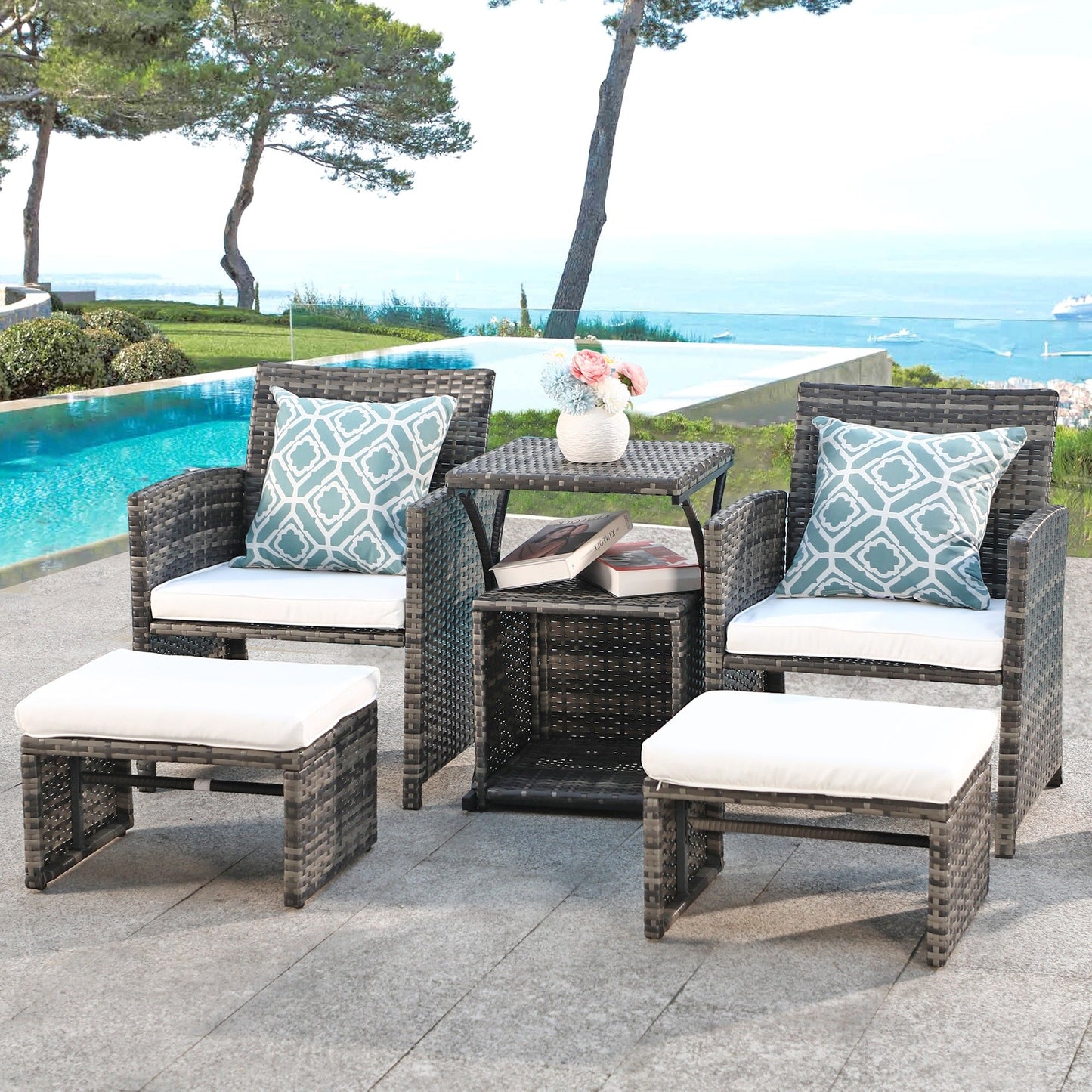 Ensemble de conversation en osier 6 pièces pour patio avec pouf et table d'appoint