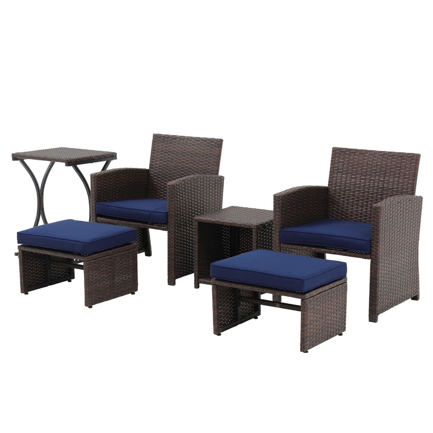 Ensemble de conversation en osier 6 pièces pour patio avec pouf et table d'appoint