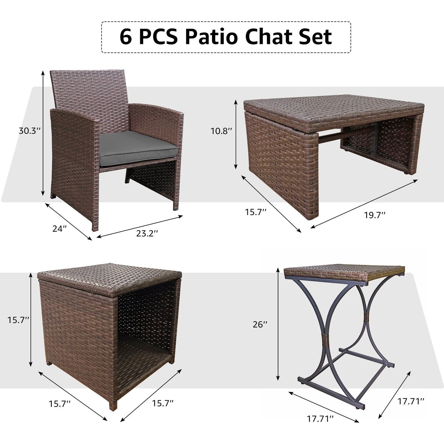 Ensemble de conversation en osier 6 pièces pour patio avec pouf et table d'appoint