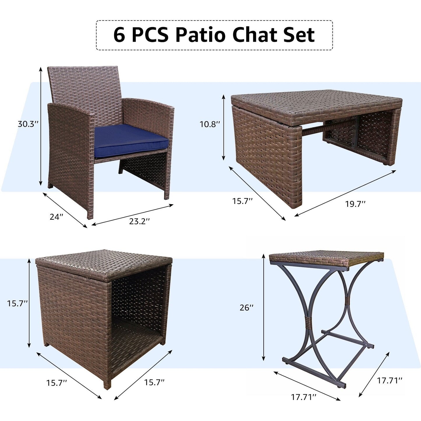 Ensemble de conversation en osier 6 pièces pour patio avec pouf et table d'appoint