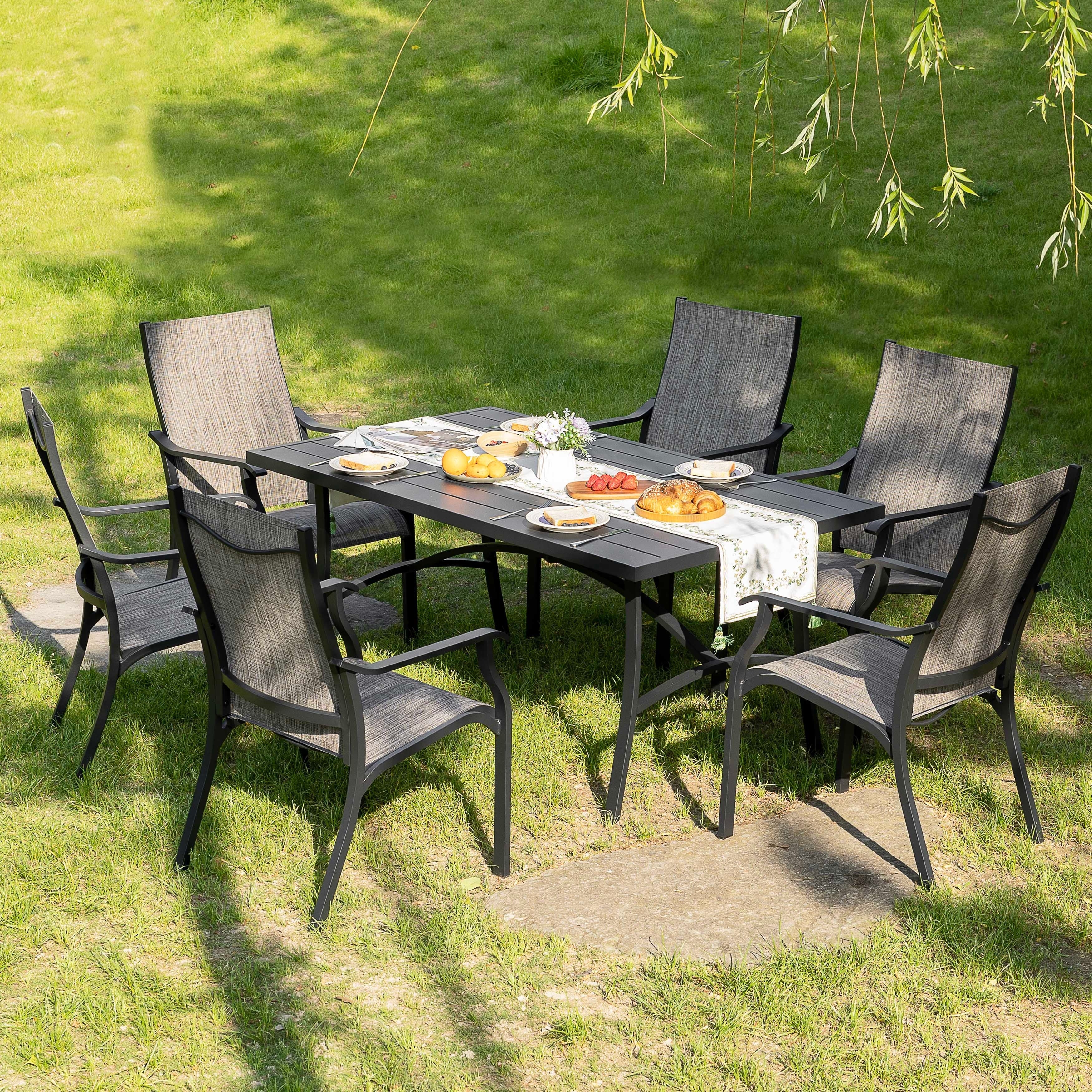 Ensemble de salle à manger de patio 7 pièces en aluminium avec chaises en textilène et trou pour parasol