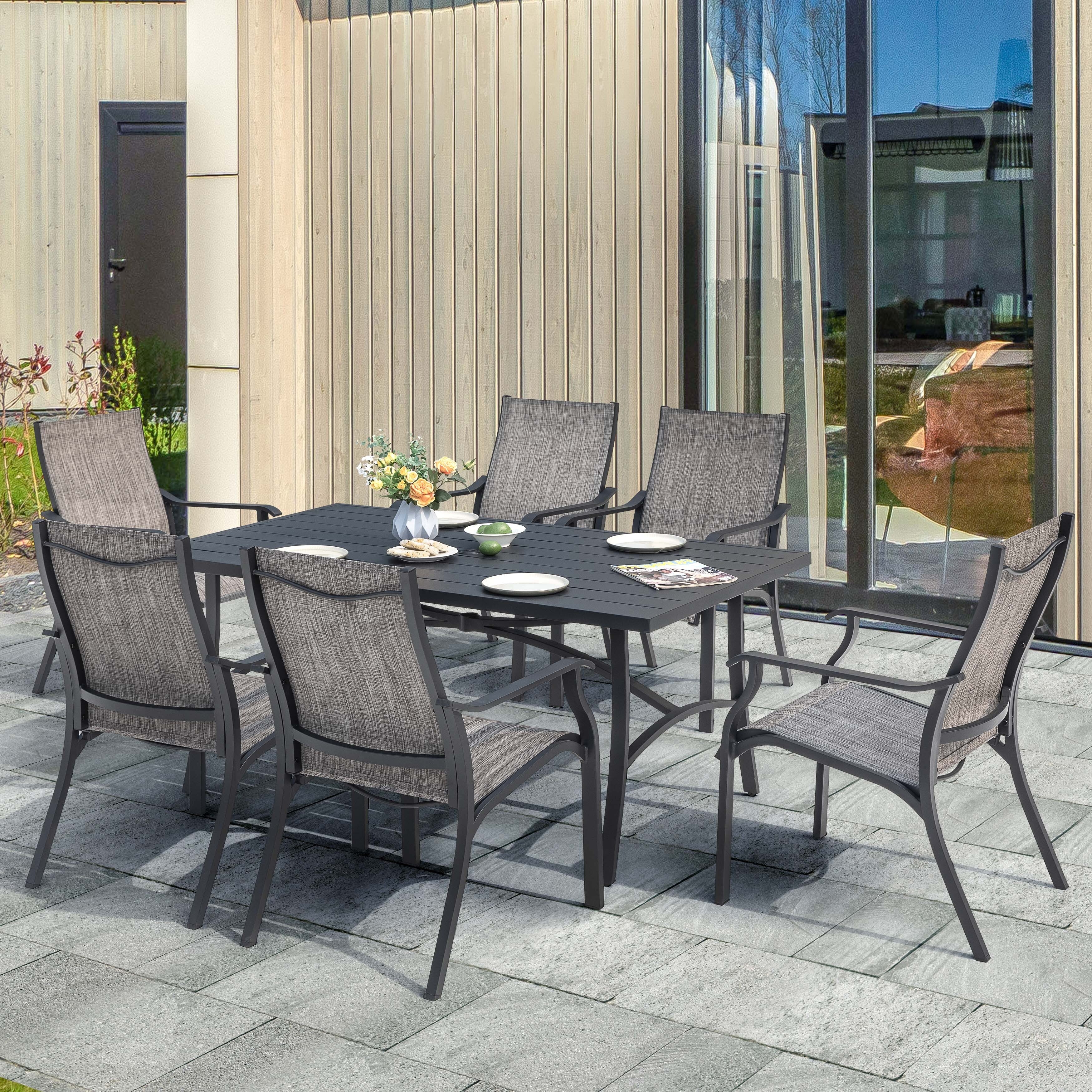 Ensemble de salle à manger de patio 7 pièces en aluminium avec chaises en textilène et trou pour parasol