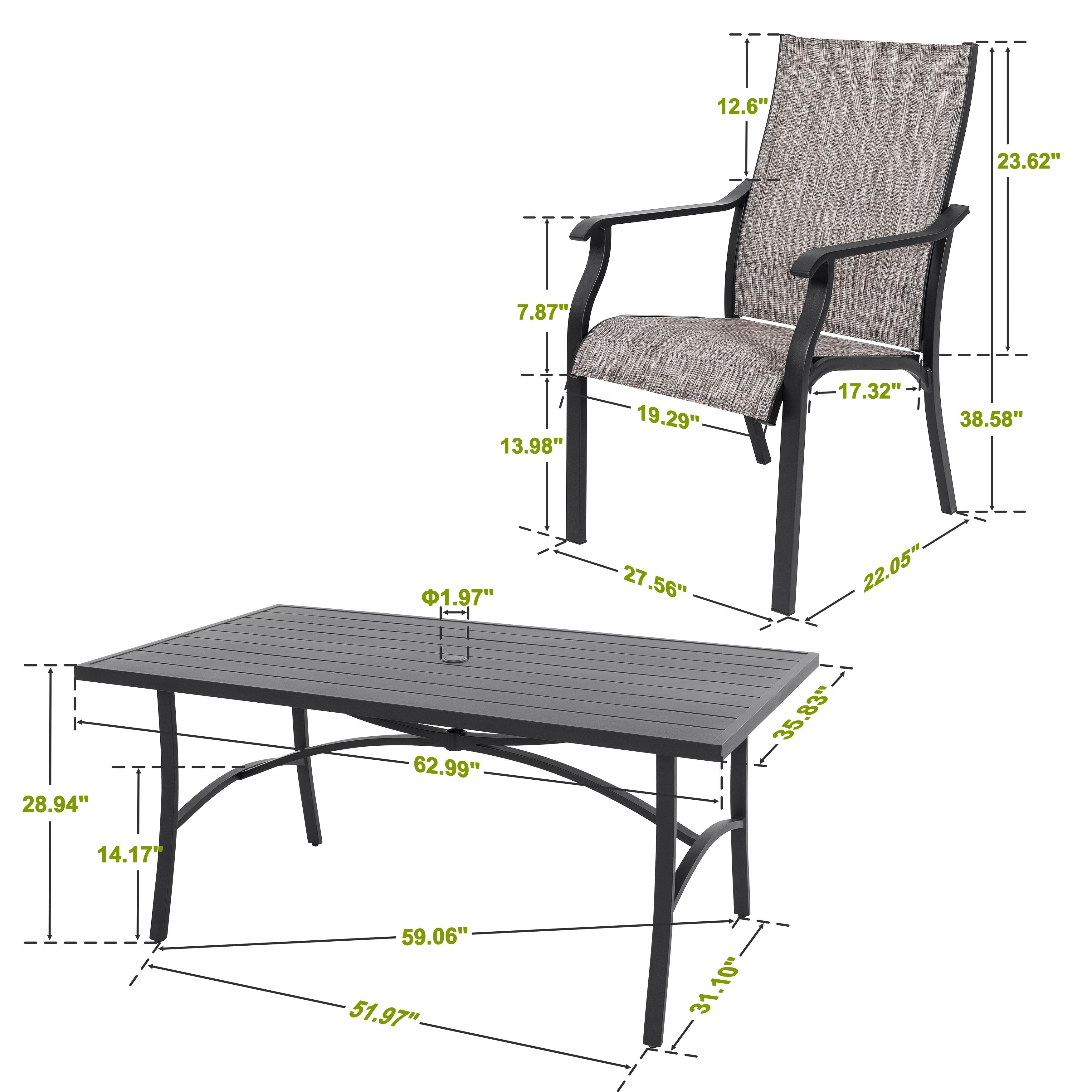 Ensemble de salle à manger de patio 7 pièces en aluminium avec chaises en textilène et trou pour parasol