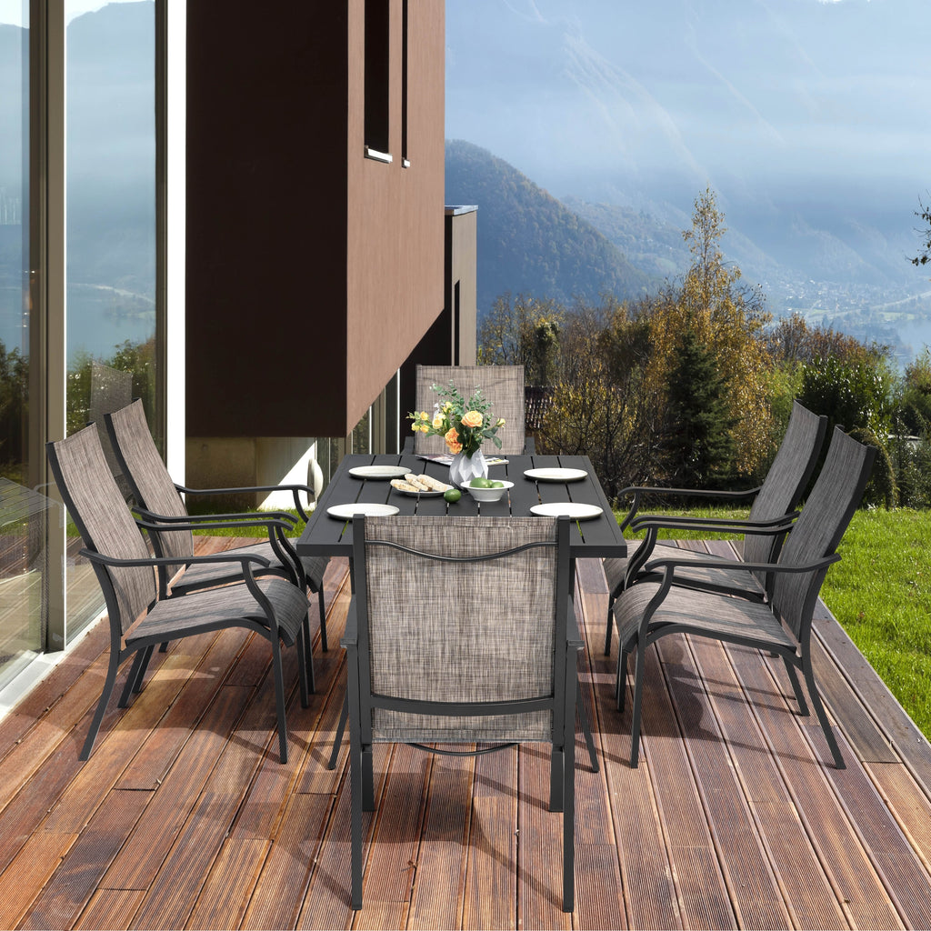 Ensemble de salle à manger de patio 7 pièces en aluminium avec chaises en textilène et trou pour parasol