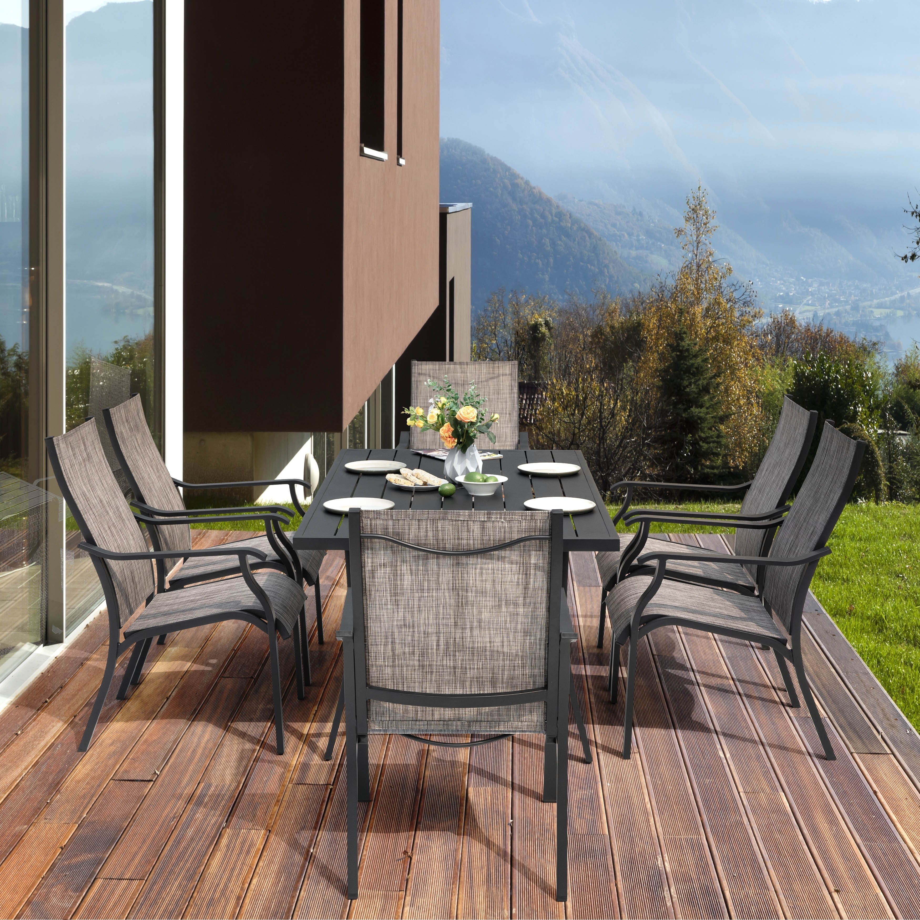 Ensemble de salle à manger de patio 7 pièces en aluminium avec chaises en textilène et trou pour parasol