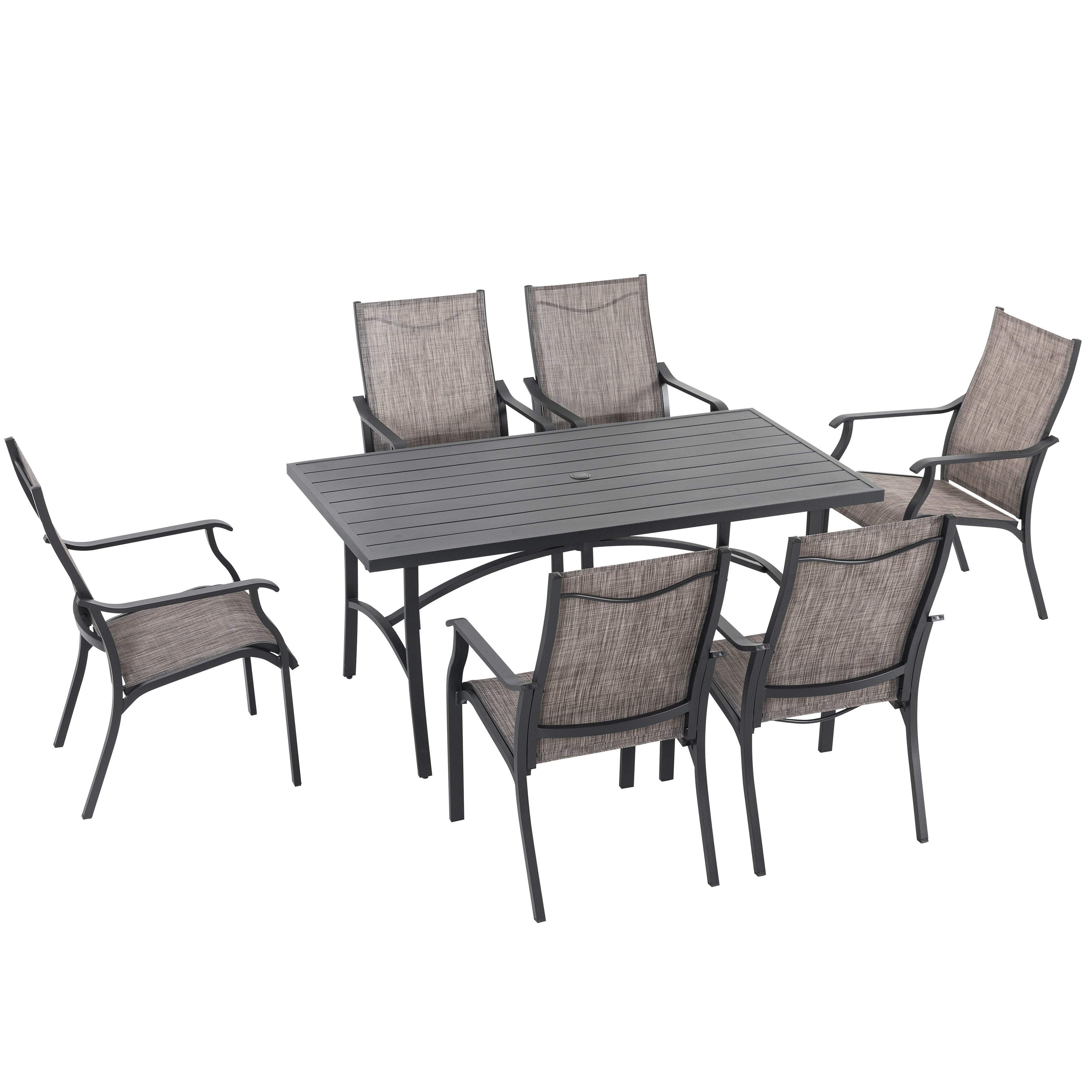 Ensemble de salle à manger de patio 7 pièces en aluminium avec chaises en textilène et trou pour parasol