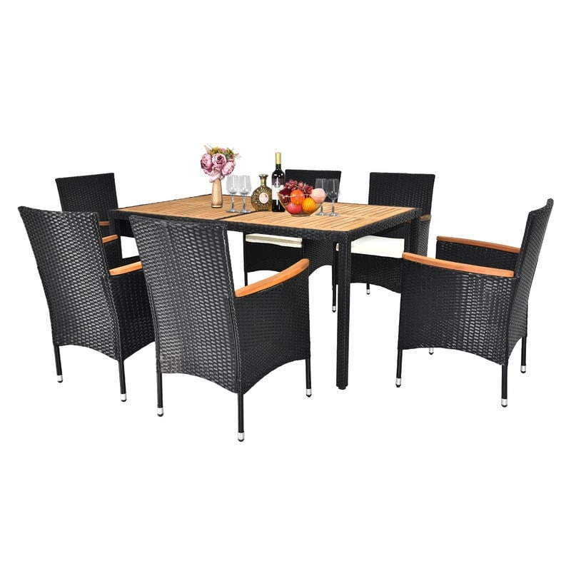 Ensemble de salle à manger d'extérieur 7 pièces en osier et bois d'acacia avec coussin beige