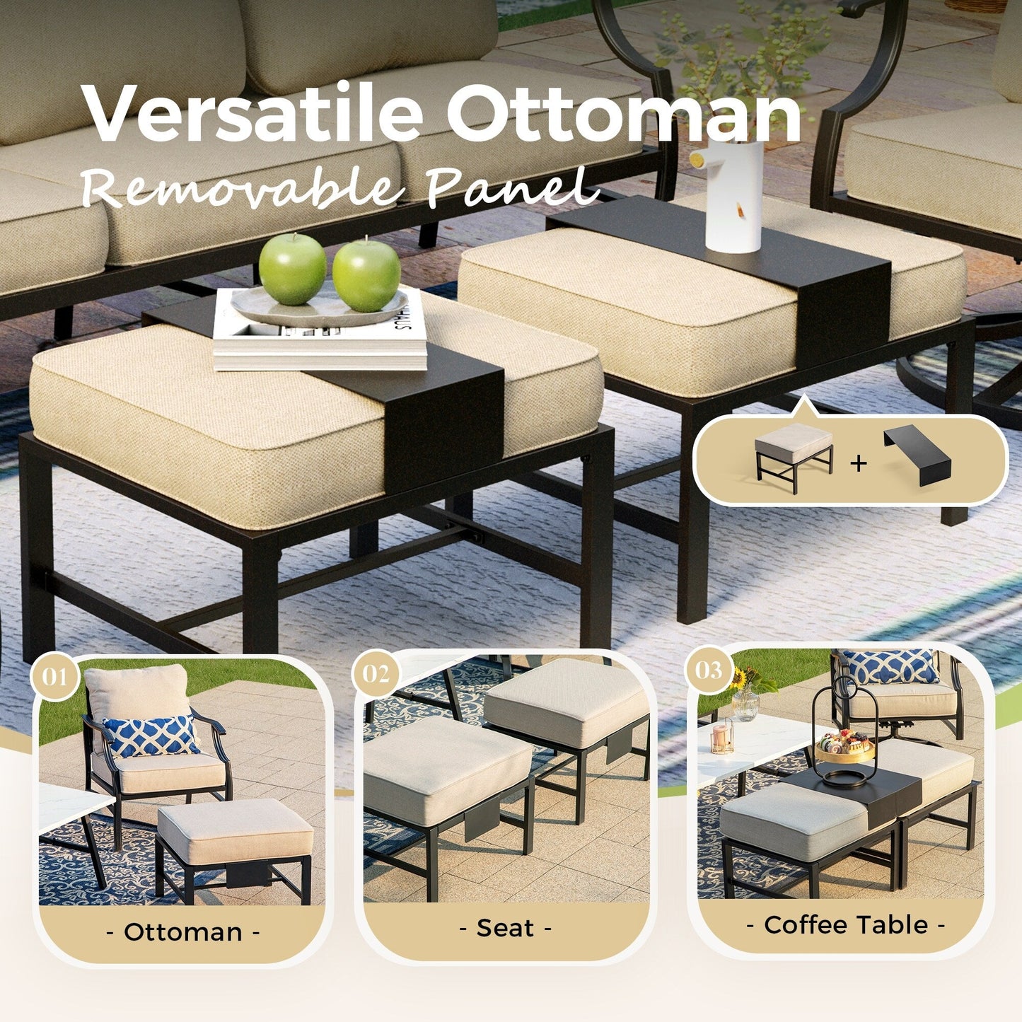Ensembles de conversation de patio MAISON ARTS 5/7/9 places, ensemble de canapé avec 2 fauteuils simples, canapé 3 places, pouf et table basse