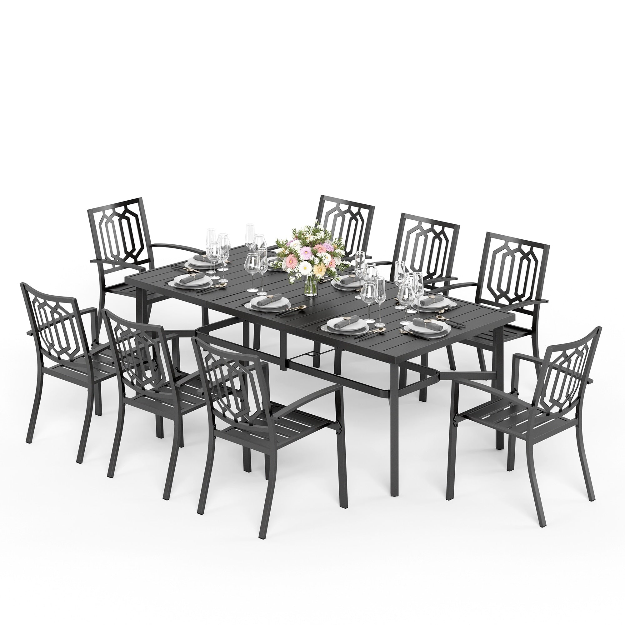 Ensemble de salle à manger de patio MAISON ARTS de 9 pièces, table à manger rectangulaire en métal et 8 chaises empilables en métal