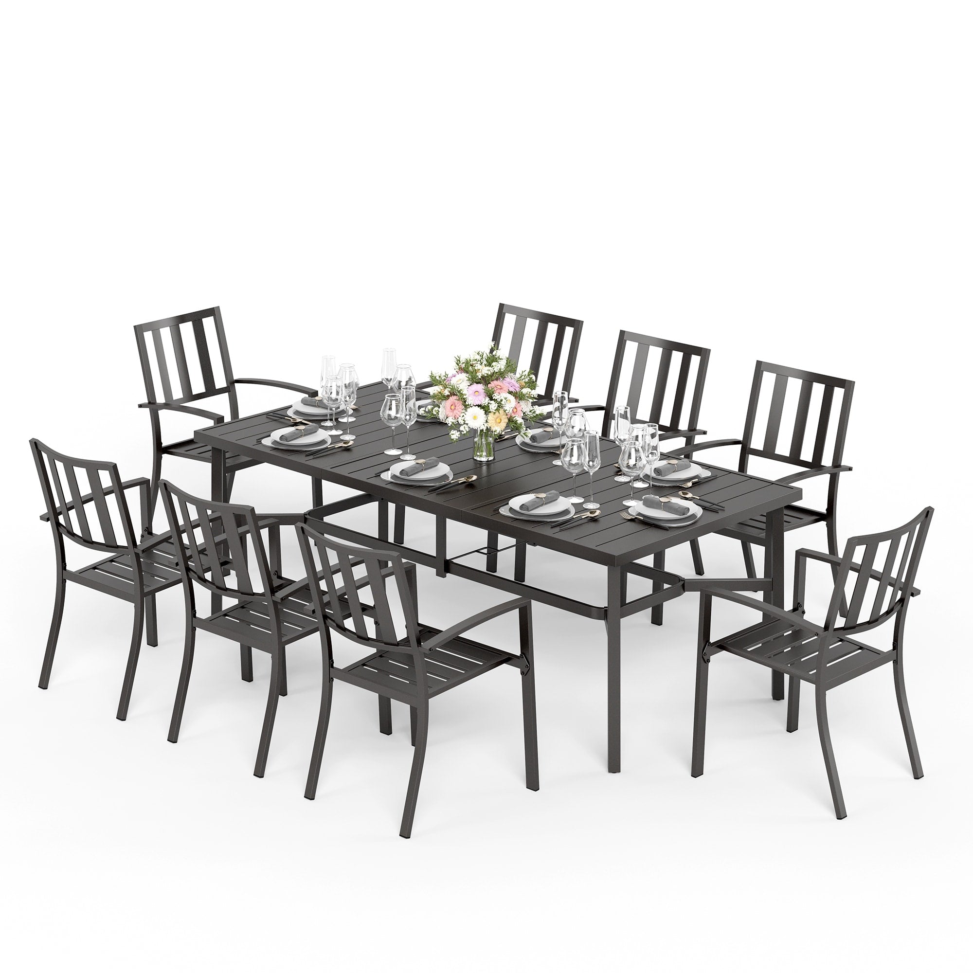 Ensemble de salle à manger de patio MAISON ARTS de 9 pièces, table à manger rectangulaire en métal et 8 chaises empilables en métal