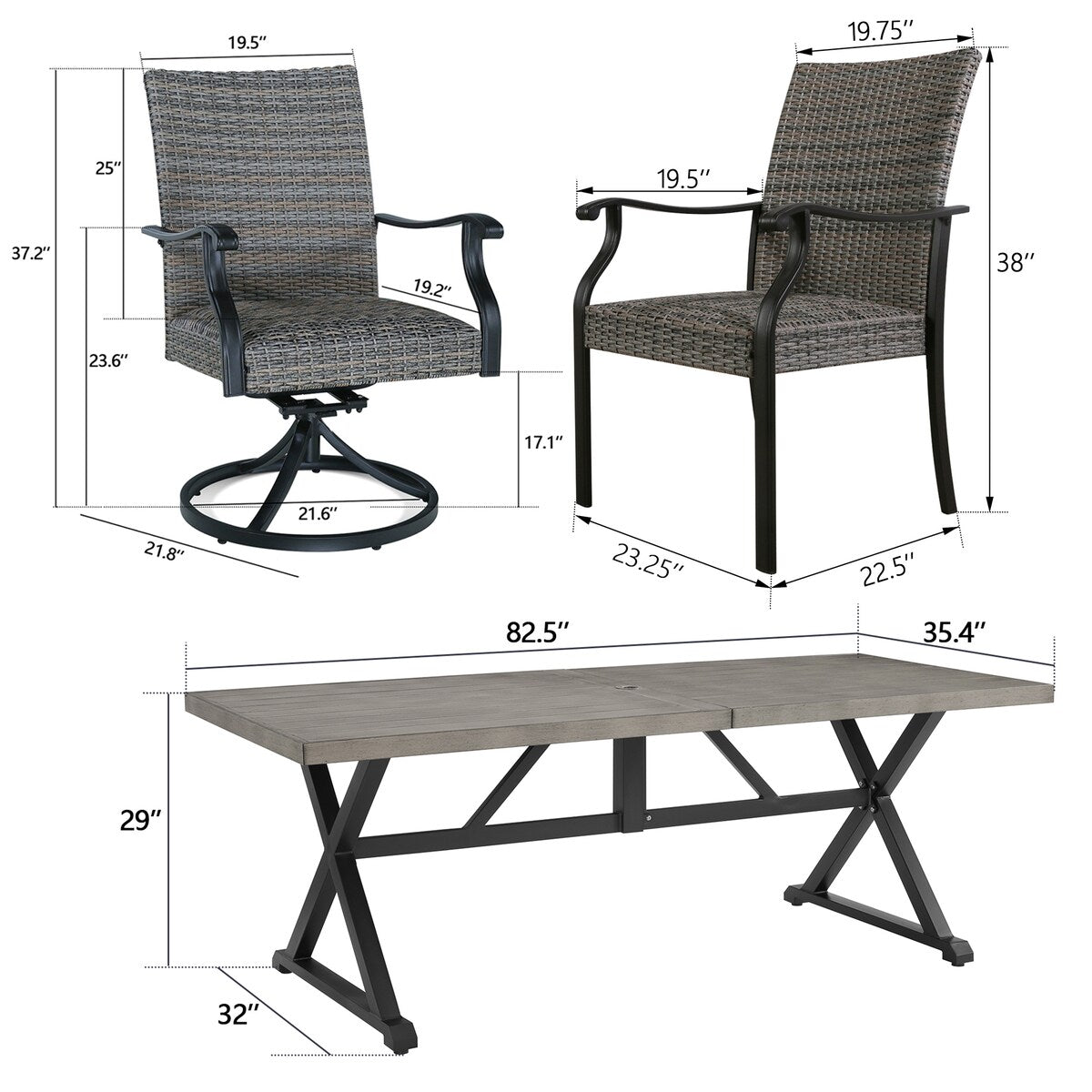 Ensemble de salle à manger de patio avec 6 chaises en osier, 2 chaises pivotantes et 1 table