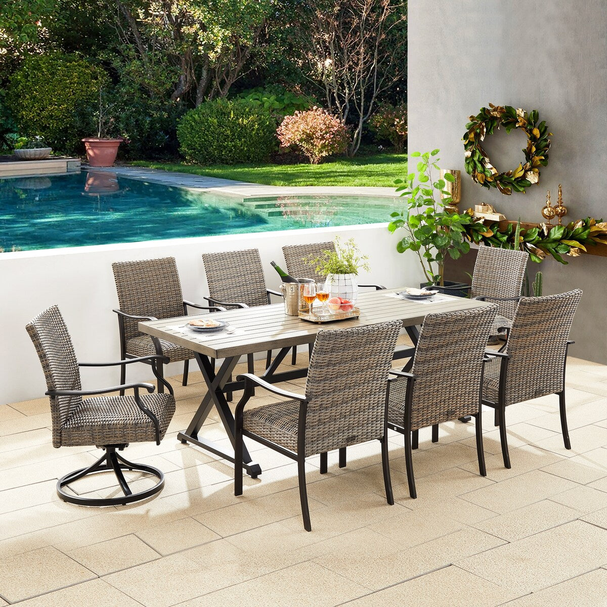 Ensemble de salle à manger de patio avec 6 chaises en osier, 2 chaises pivotantes et 1 table